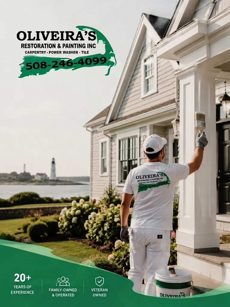Oliveiras Restoration & Painting craftsman painting a Cape Cod home exterior with coastal lighthouse in background