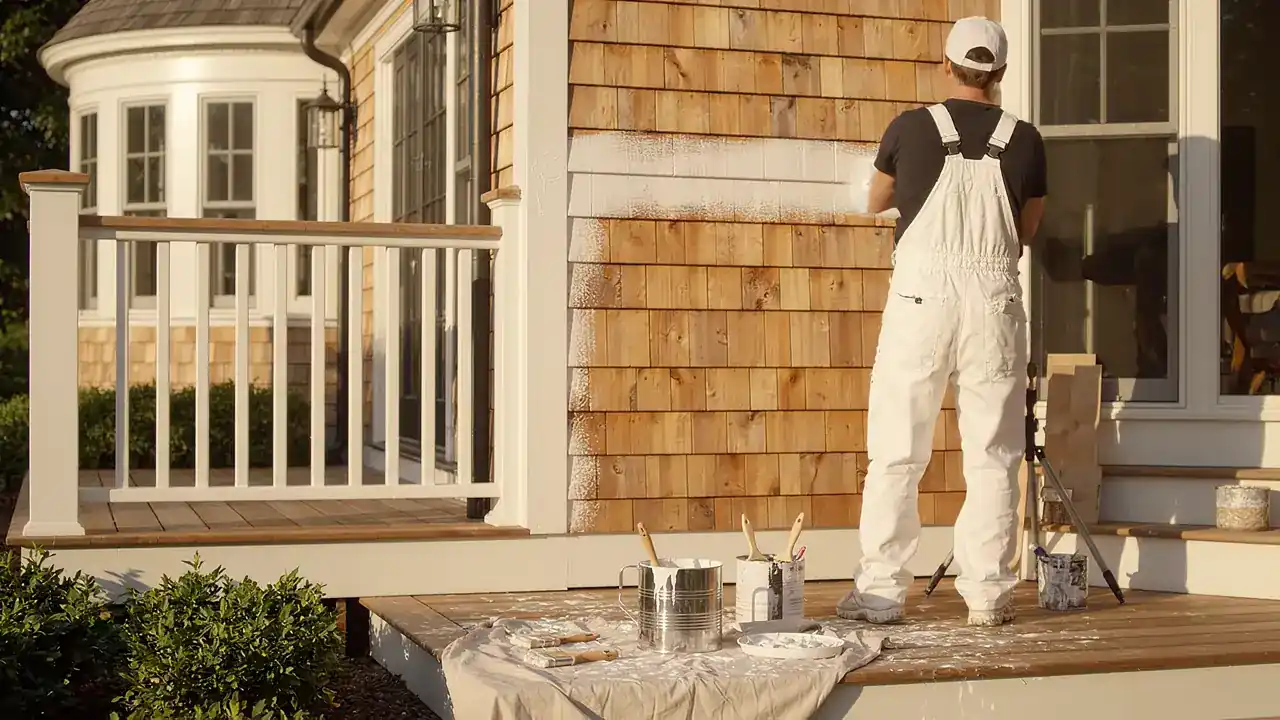 Professional painter at work on a bright Cape Cod home
